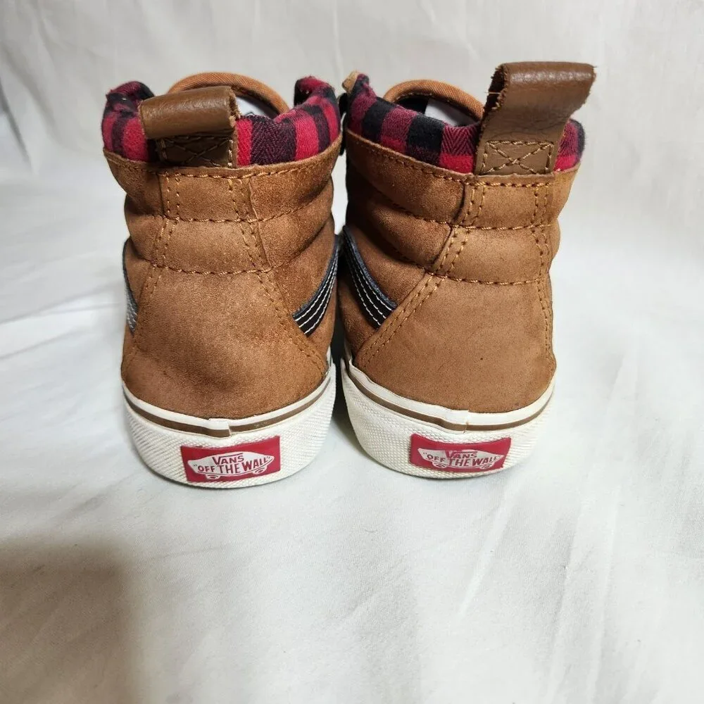 Vans Off the Wall Mens 5 Women 6.5 Brown Suede Skate Sneakers Red Black Plaid